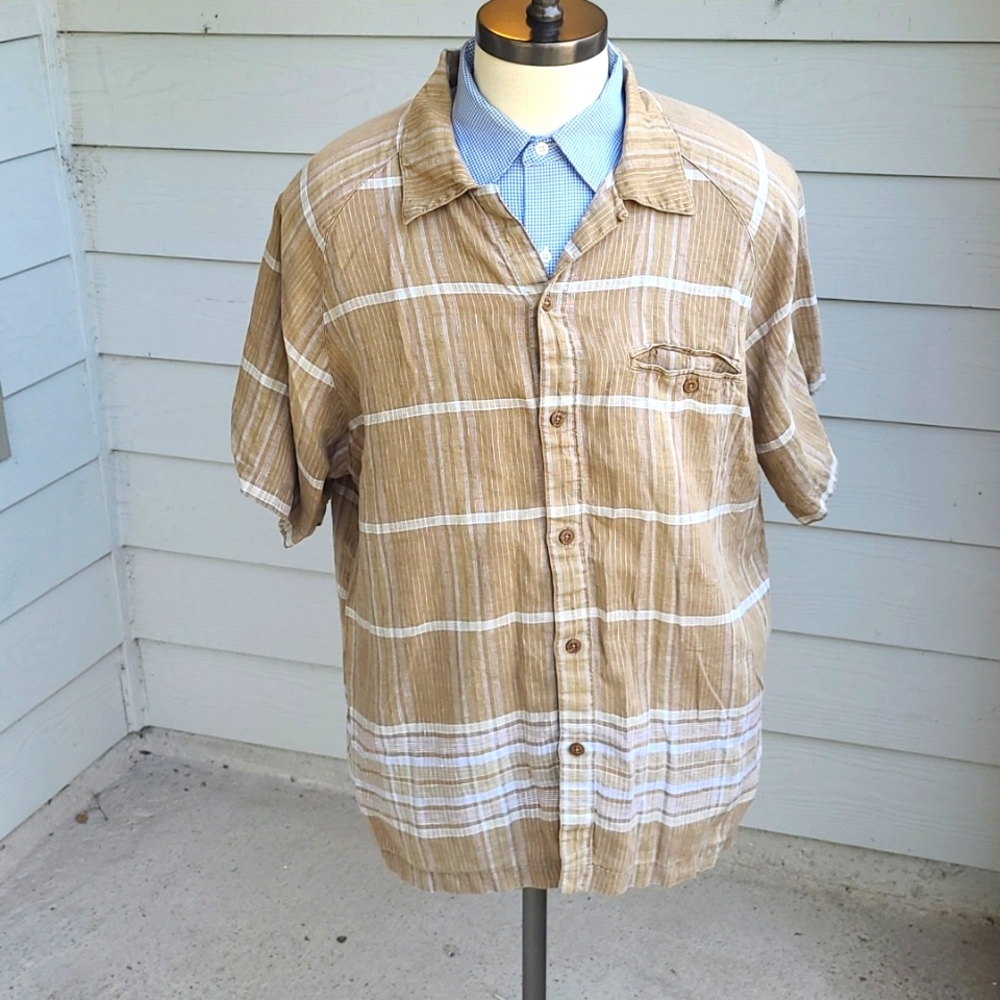 PATAGONIA Tan Brown Beige Striped 100% HEMP Mens Sz L Short Sleeve Shirt VTG